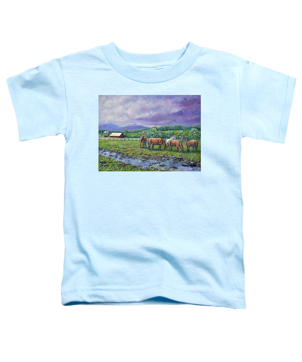 Landscape Mountains Farm Horses Barn Rain Clouds Stream Purple Green Grass Toddler T-Shirt featuring the painting Mountain Rain by Gail Butler