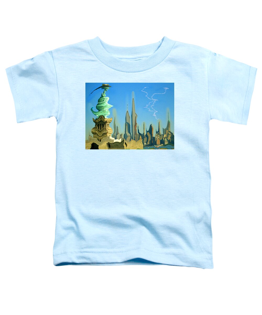 Art Toddler T-Shirt featuring the painting New York Fantasy Skyline - Modern Artwork by Peter Potter