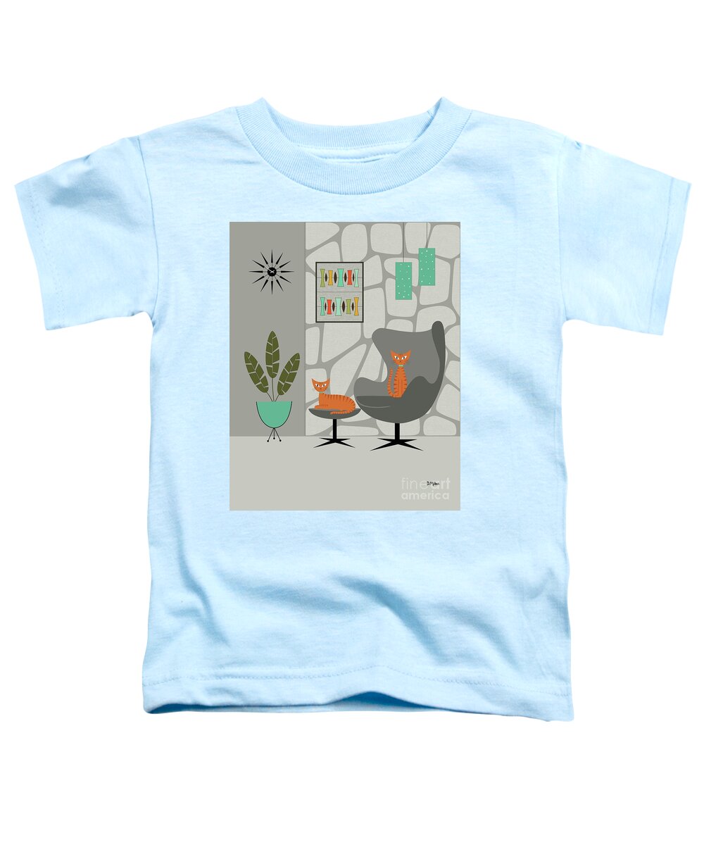 Mid Century Modern Toddler T-Shirt featuring the digital art Orange Cat in Gray Stone Wall by Donna Mibus