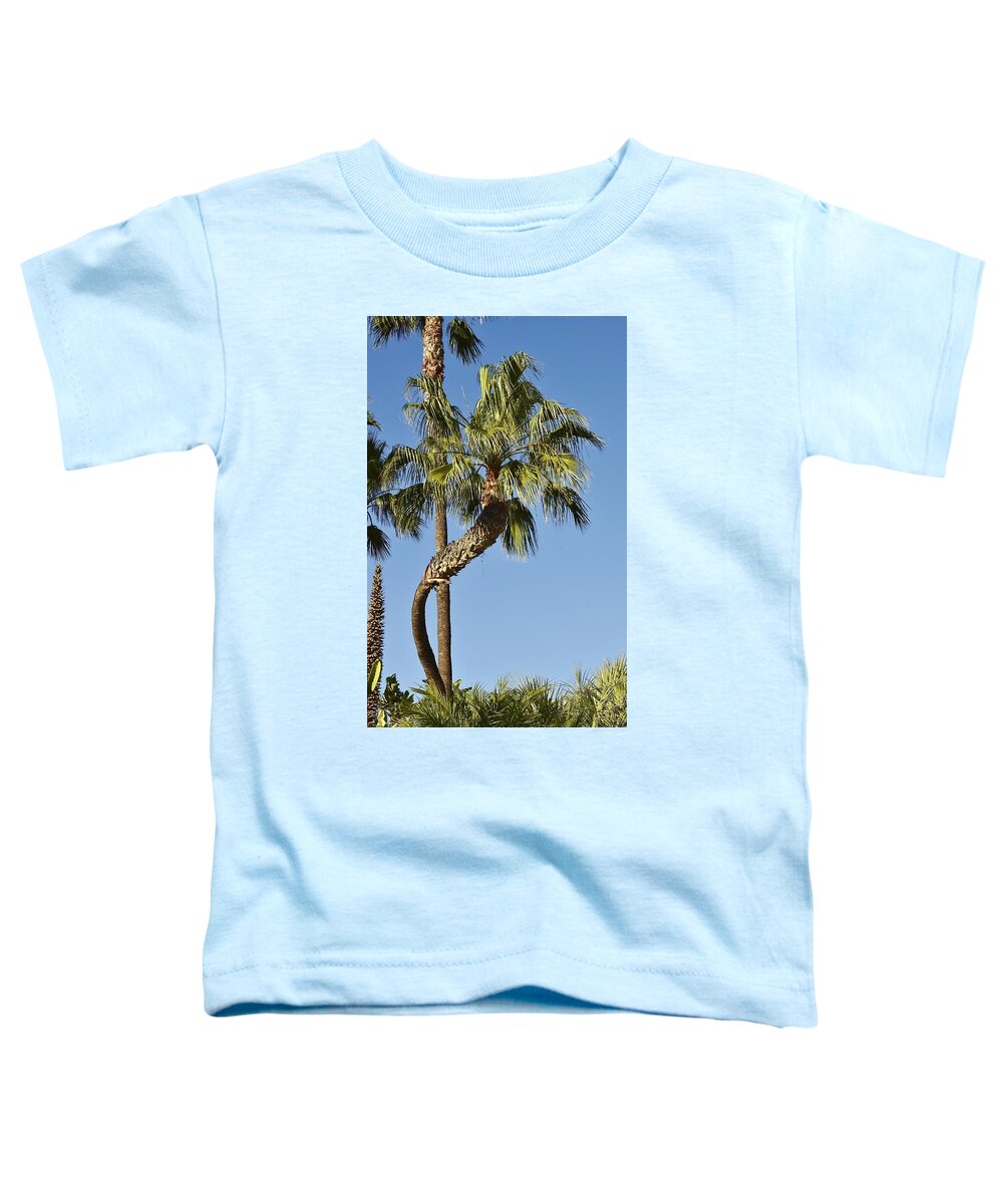 Linda Brody Toddler T-Shirt featuring the photograph Palm Tree Needs A Chiropractor by Linda Brody