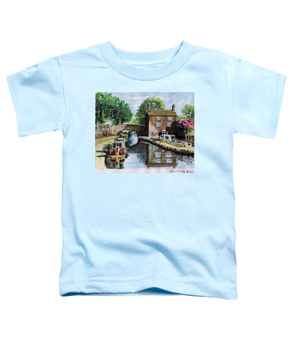 House Toddler T-Shirt featuring the painting Peacfull House On The Lake by Alban Dizdari