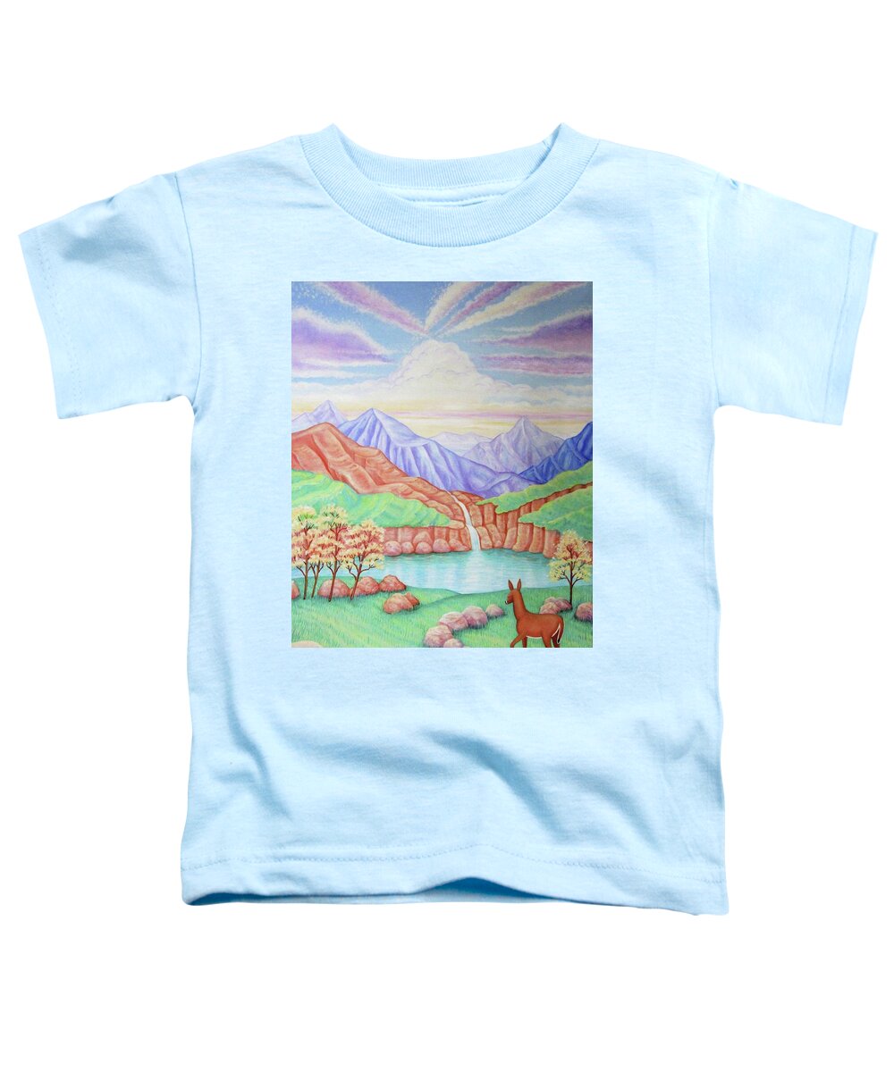 Deer Landscape Waterfall Mountains Toddler T-Shirt featuring the painting Phantom Valley by Tracy Dennison