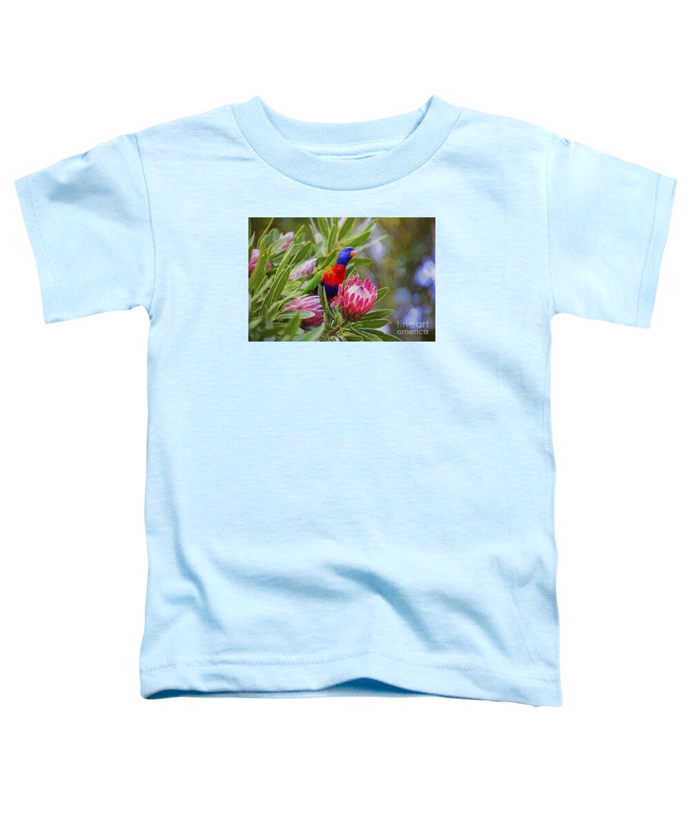 Protea Toddler T-Shirt featuring the photograph Rainbow lorikeet in protea bush by Sheila Smart Fine Art Photography