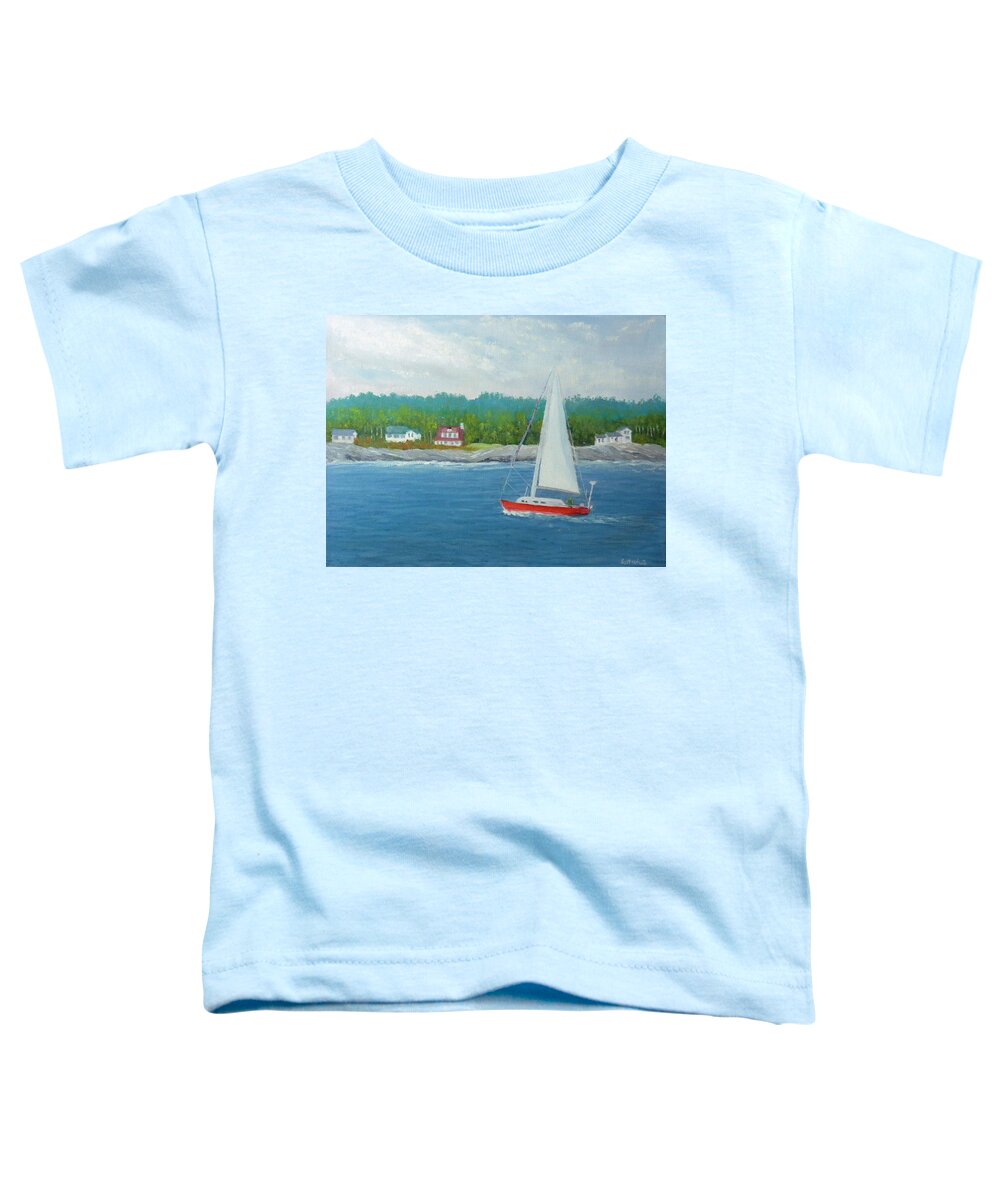 Beach Sailing Boat Seascape Landscape Ocean Houses Woods Harbor Waves Rocks Artist Scott White Toddler T-Shirt featuring the painting Sailing To New Harbor by Scott W White