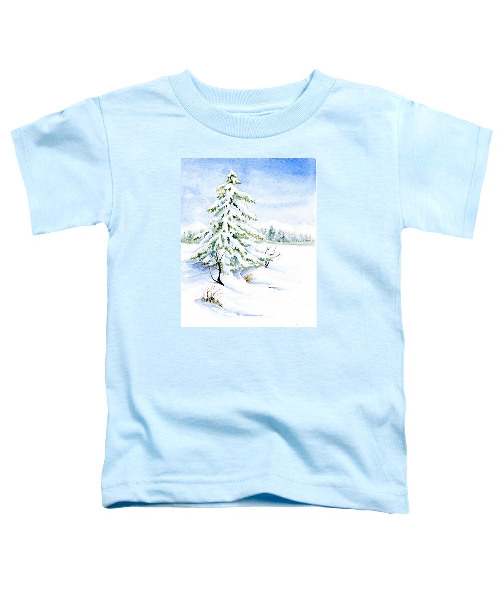 Watercolor Painting Toddler T-Shirt featuring the painting Snow On Evergreens by Karla Beatty