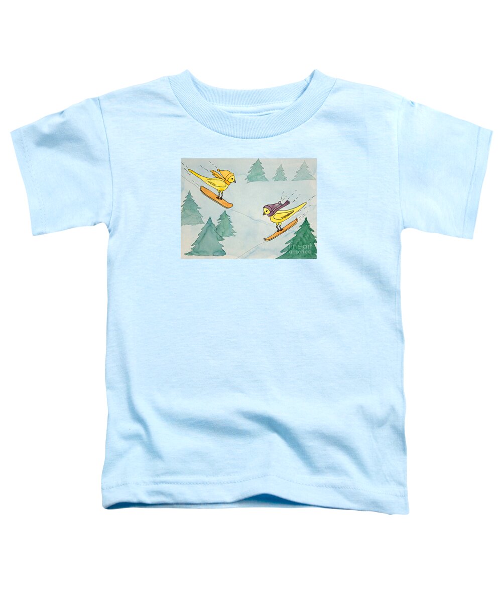 Snowboarding Toddler T-Shirt featuring the painting Snowboarding Birds by Norma Appleton
