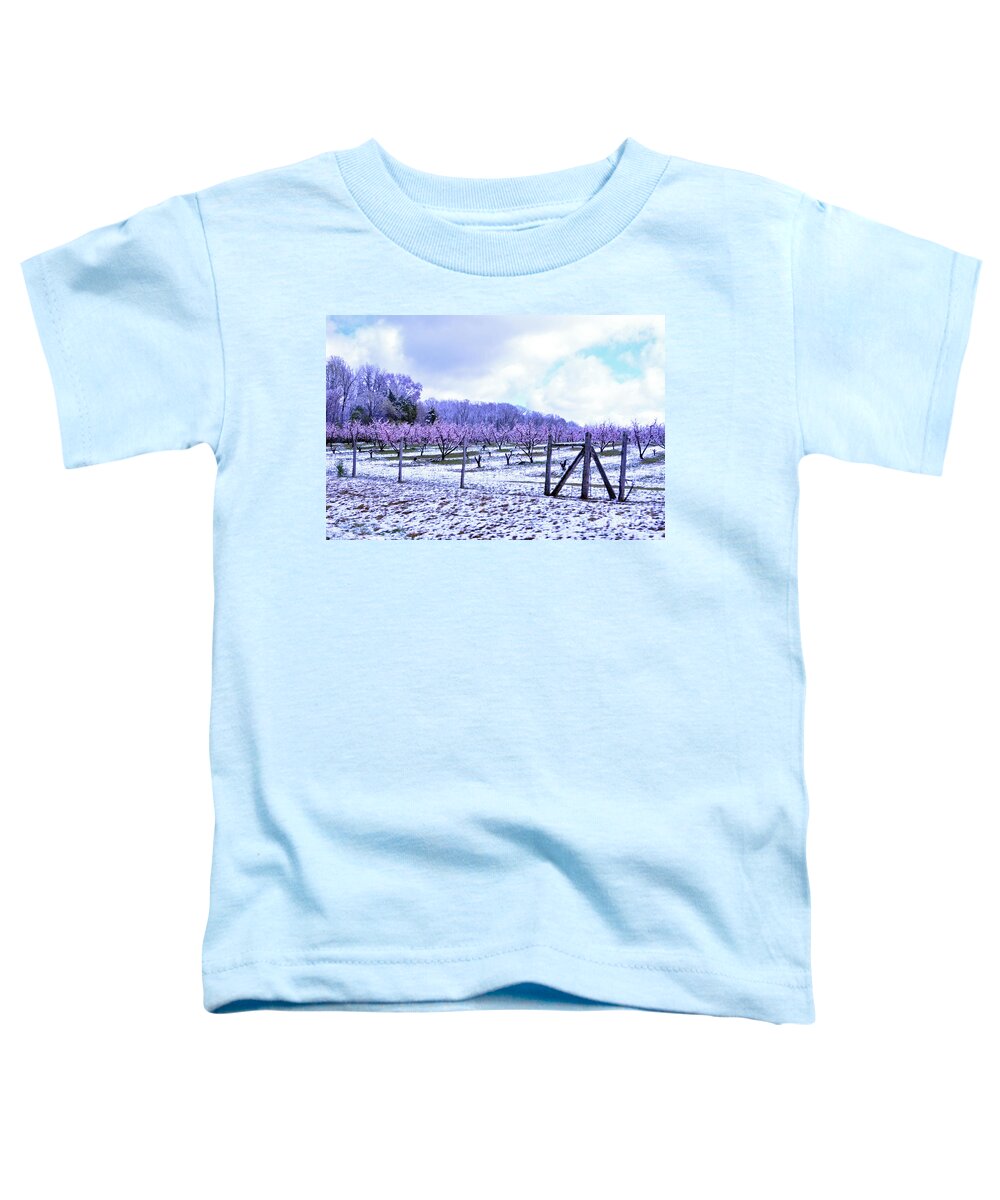 Peaches Toddler T-Shirt featuring the photograph Snowy Peach Orchard by Lydia Holly