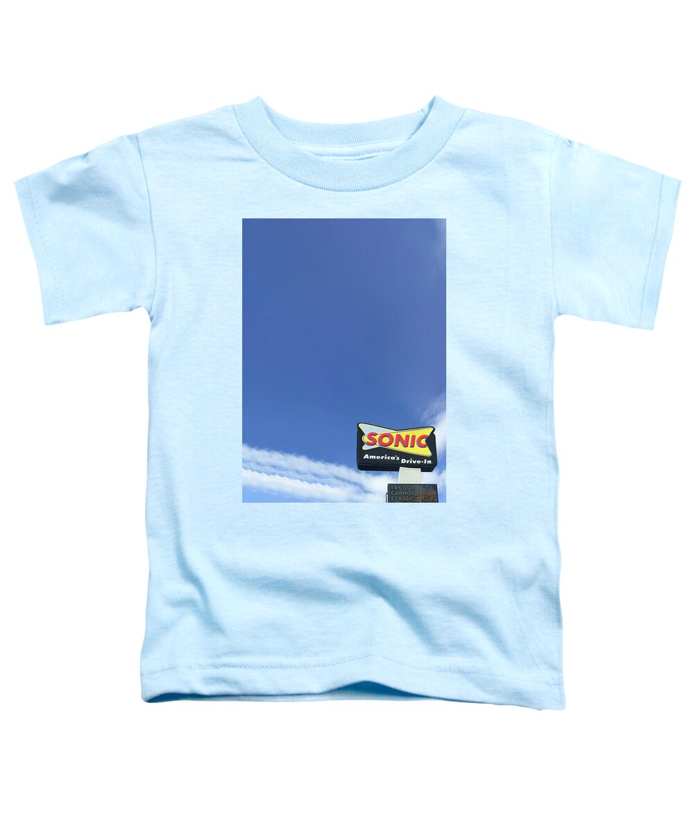 America's Toddler T-Shirt featuring the photograph Sonic Americas Drive In Dark Blue Sky by Bert Peake