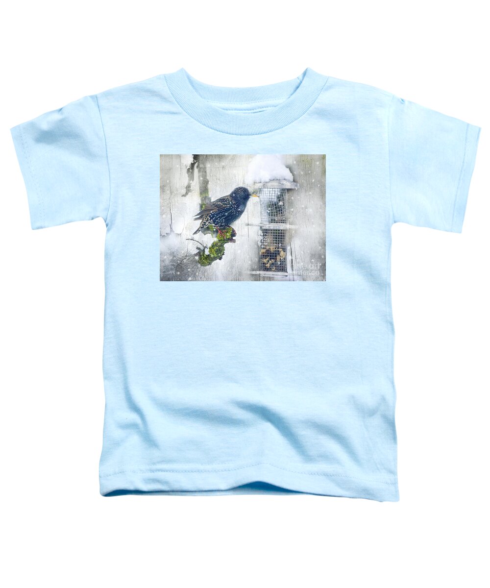 Photo Toddler T-Shirt featuring the photograph Starling Meets Snowflakes by Jutta Maria Pusl