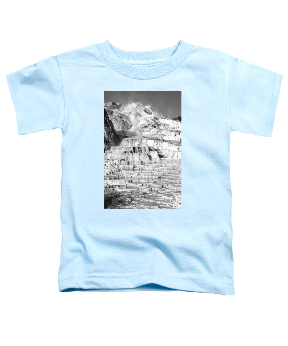 Yellowstone Toddler T-Shirt featuring the photograph Steamy Travertine Hot Spring Terraces Mammoth Hot Springs Yellowstone National Park Black and White by Shawn O'Brien