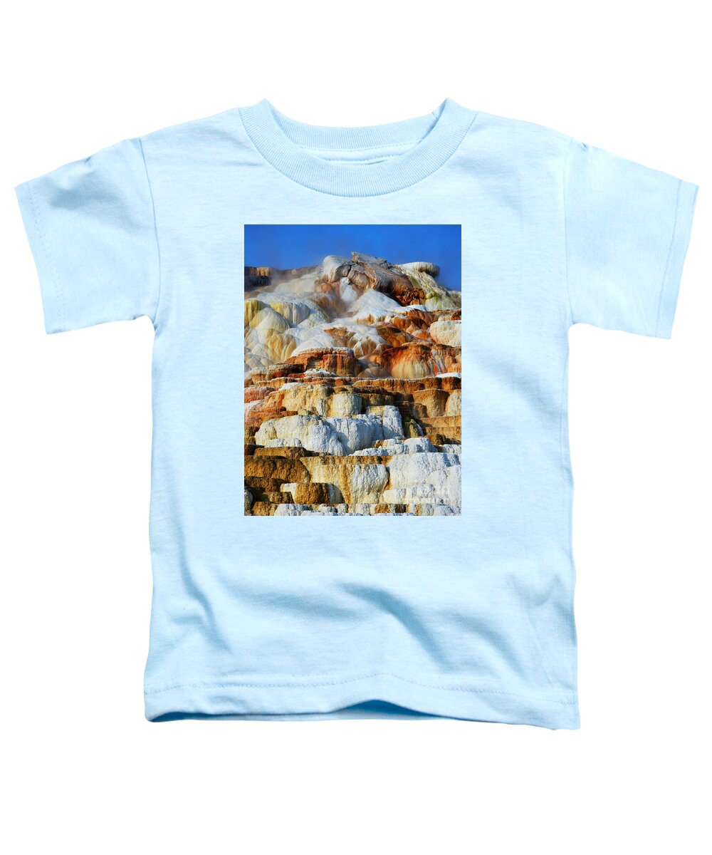 Yellowstone Toddler T-Shirt featuring the photograph Steamy Travertine Hot Spring Terraces Mammoth Hot Springs Yellowstone National Park by Shawn O'Brien