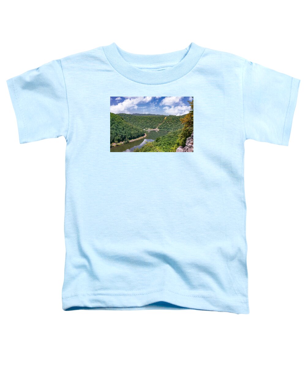 Hawks Nest State Park; West Virginia State Park; New River National River; New River Gorge; Wv; Summer; Blue Skies; Reflections; Hawks Nest Dam; Green Mountains; Hn158 Toddler T-Shirt featuring the photograph Summer view at Lovers Leap by Mary Almond