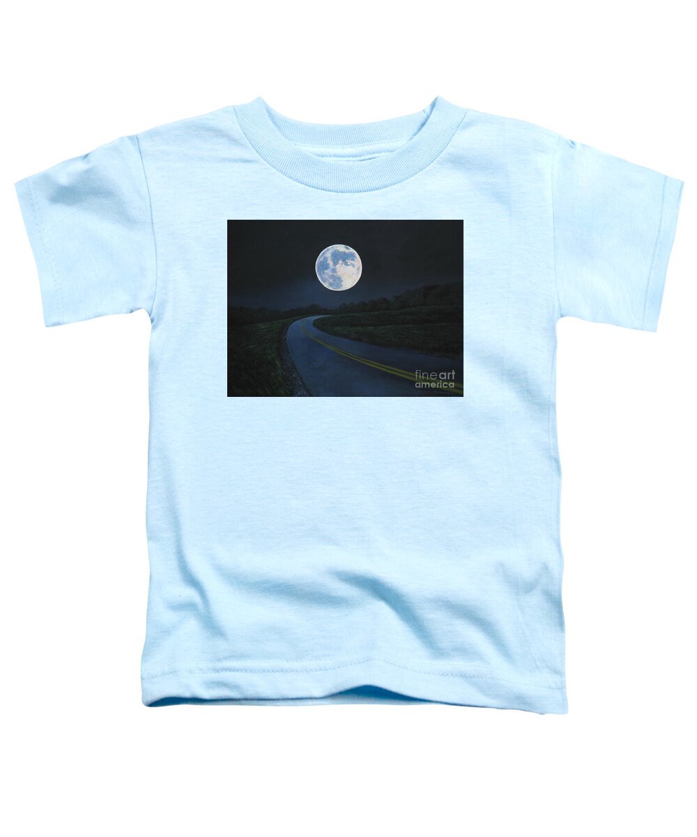 Super Moon Toddler T-Shirt featuring the painting Super Moon at the end of the road by Christopher Shellhammer