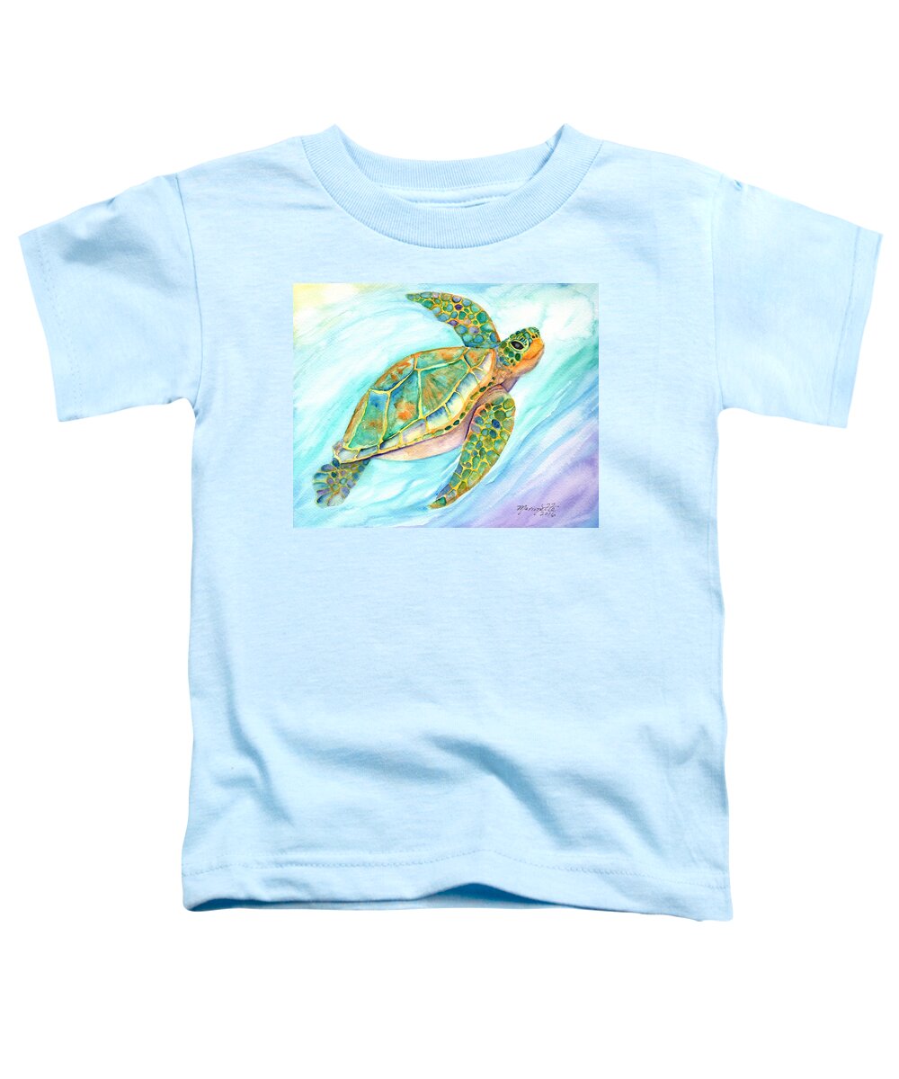 Kauai Art Toddler T-Shirt featuring the painting Swimming, Smiling Sea Turtle by Marionette Taboniar