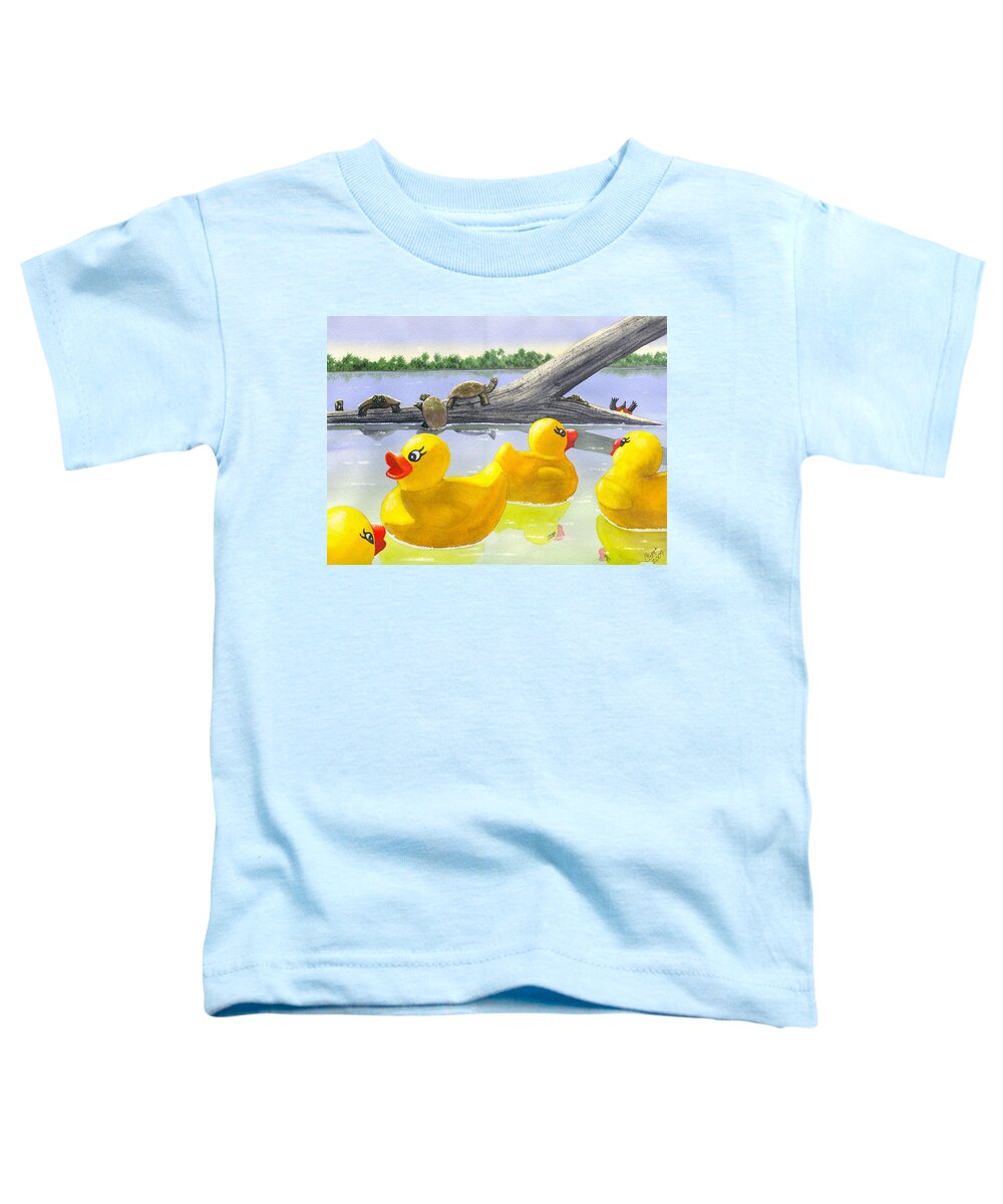 Rubber Ducky Toddler T-Shirt featuring the painting Turtle Log by Catherine G McElroy