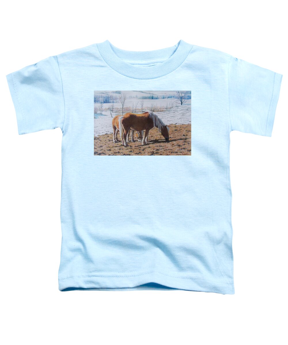 Horses Toddler T-Shirt featuring the mixed media Two ponies in the snow by Constance Drescher
