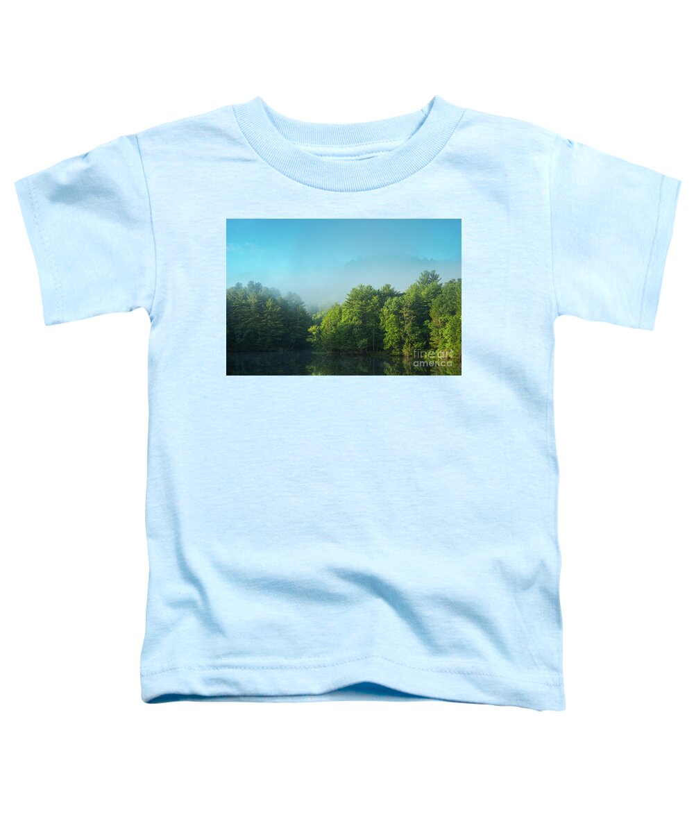 Black Rock Pond Toddler T-Shirt featuring the photograph Veiled Realm of Black Rock - Misty Lake and Hills by JG Coleman
