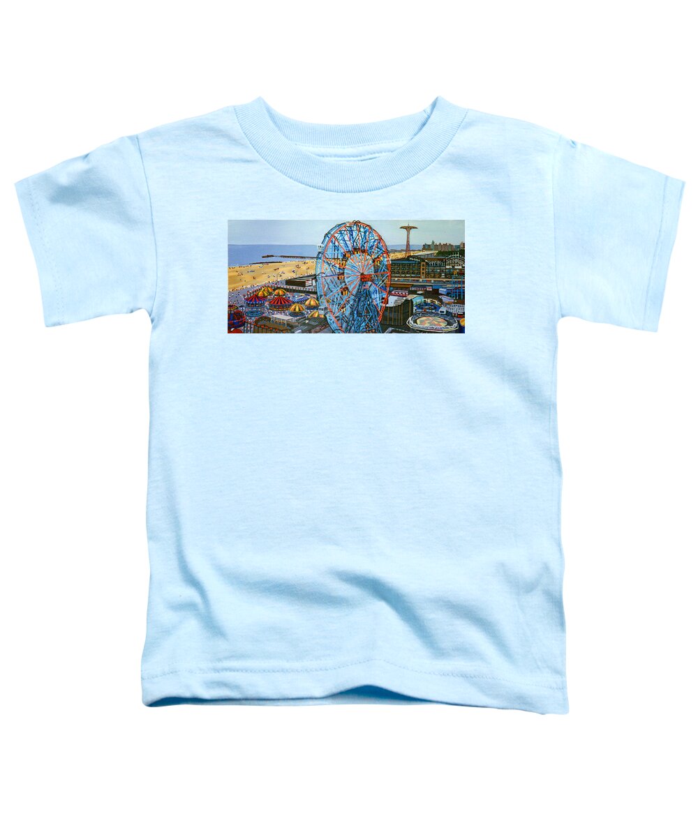Coney Island Beach Toddler T-Shirt featuring the painting View From The Top Of The Cyclone Rollercoaster by Bonnie Siracusa