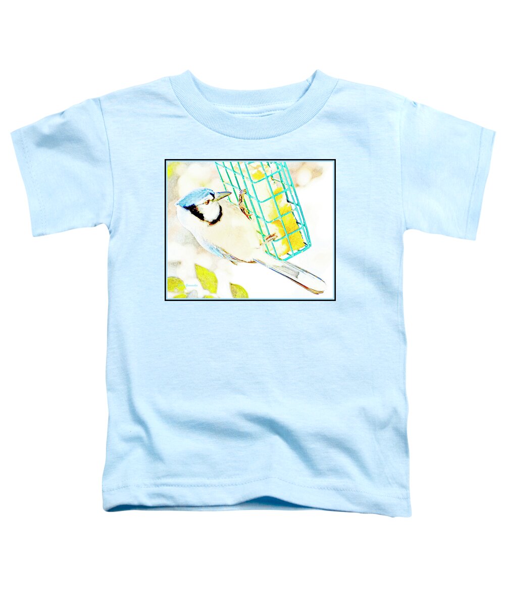 Winter Toddler T-Shirt featuring the photograph Blue Jay on Bird Feeder in Snow #2 by A Macarthur Gurmankin