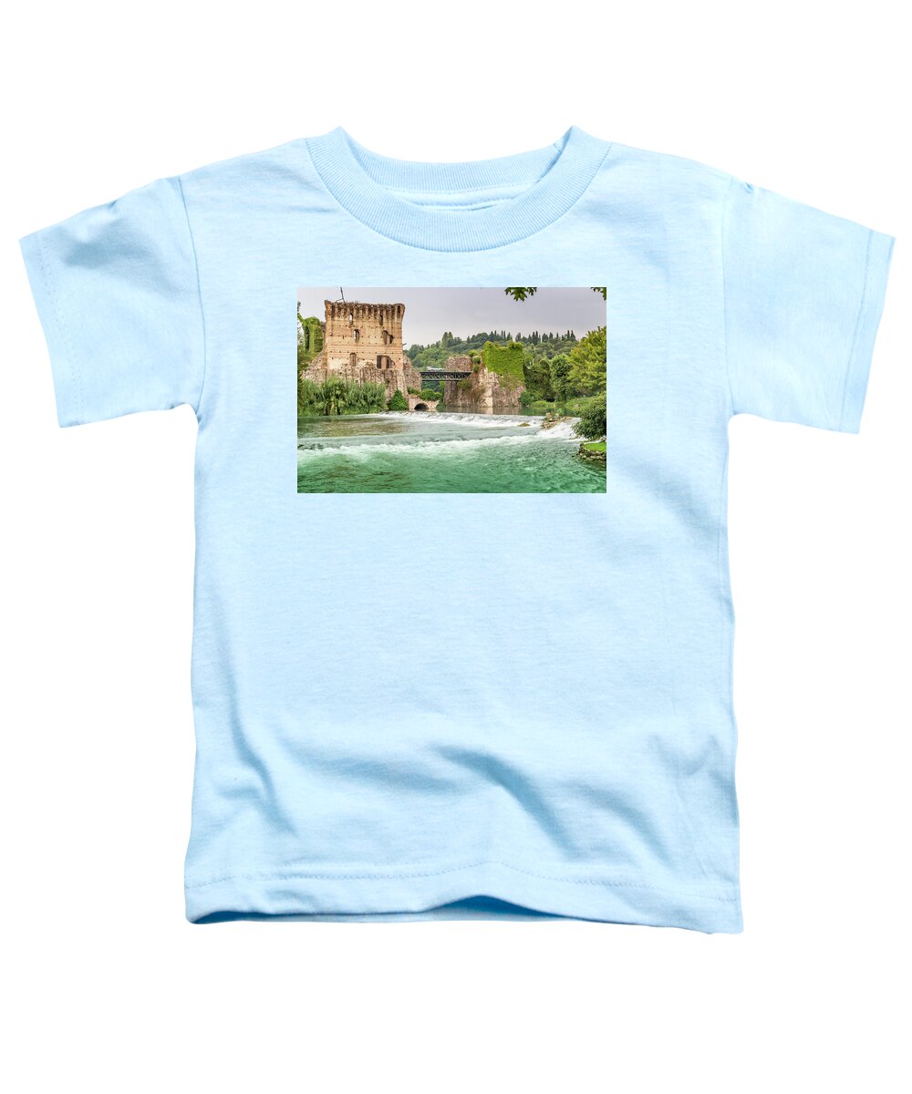 Borghetto Toddler T-Shirt featuring the photograph Waters and ancient buildings of Italian medieval village #1 by Vivida Photo PC