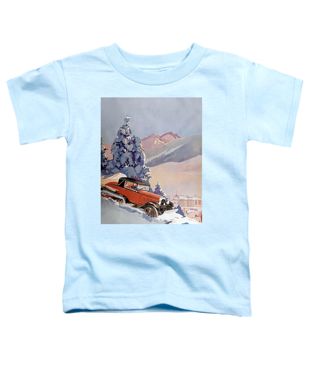 Vintage Toddler T-Shirt featuring the mixed media 1932 Chrysler Coupe Snow Plowing Alpine Mountain Original French Art Deco Illustration by Retrographs