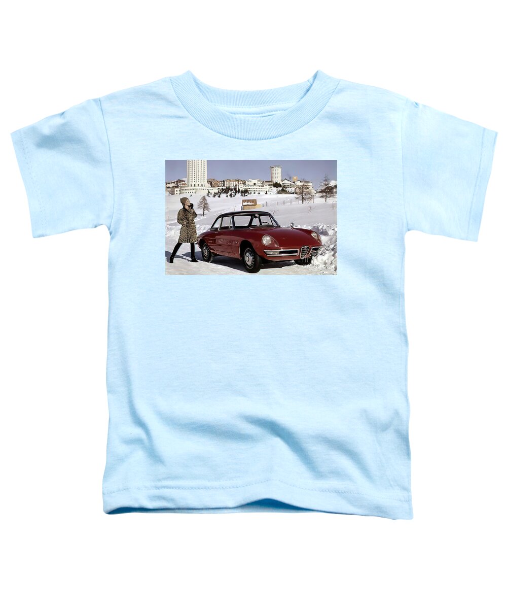 Vintage Toddler T-Shirt featuring the photograph 1955 Alfa Romeo With Fashion Model In Snow Setting by Retrographs