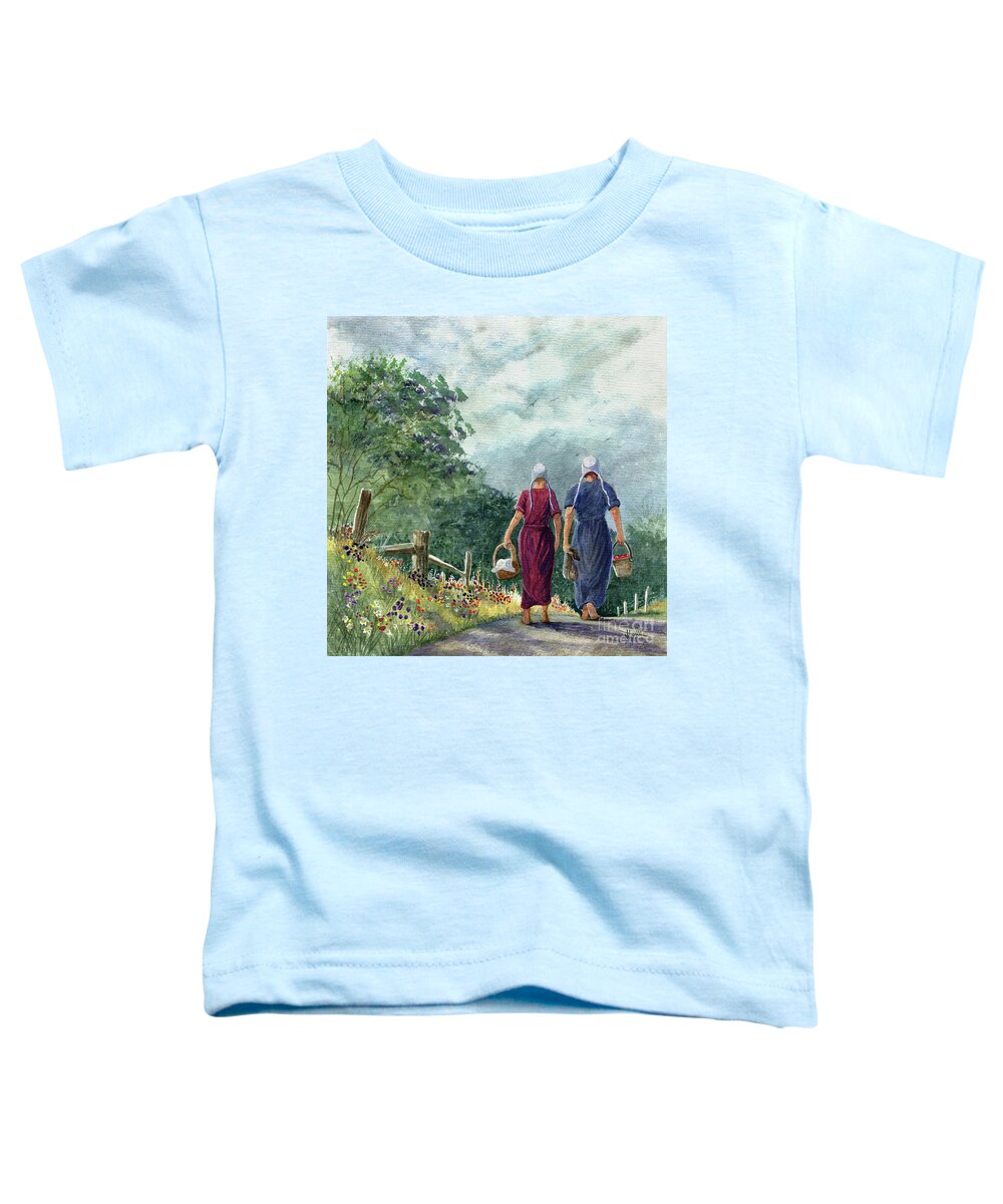 Amish Ladies Toddler T-Shirt featuring the painting Amish Way of Life - Bearing Gifts by Marilyn Smith
