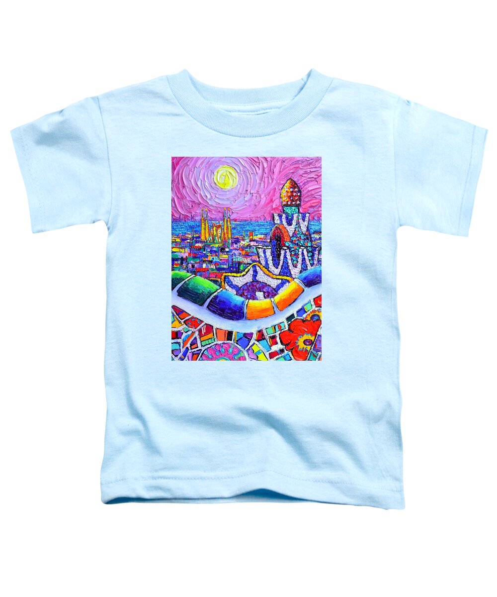 Barcelona Toddler T-Shirt featuring the painting BARCELONA PARK GUELL COLORFUL NIGHT textural impasto knife oil painting abstract Ana Maria Edulescu by Ana Maria Edulescu