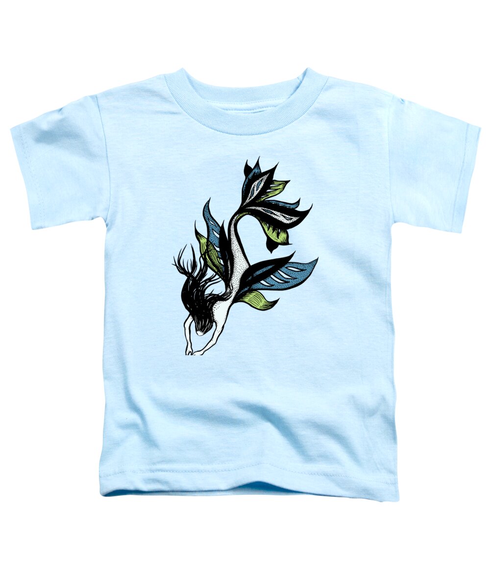 Siren Toddler T-Shirt featuring the drawing Beautiful Mermaid Drawn Tattoo Style In Black Blue Green by Boriana Giormova