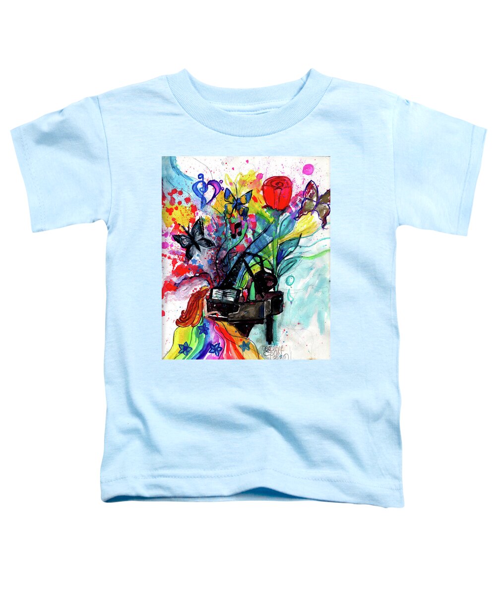 Piano Toddler T-Shirt featuring the painting Beautiful Piano Player Color Splash With Butterflies by Genevieve Esson