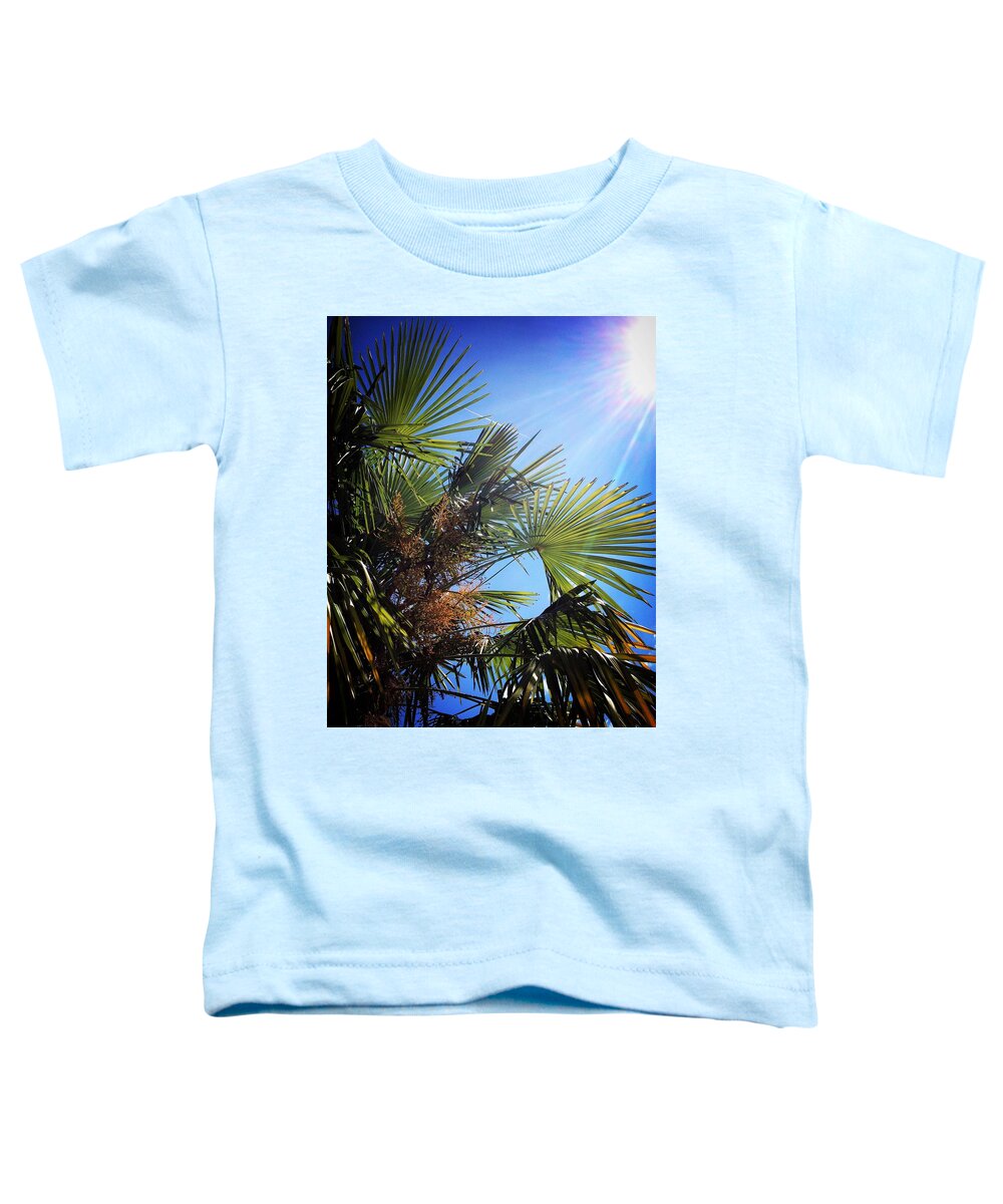 Summer Toddler T-Shirt featuring the photograph Blazing sun, blue sky, palm tree leaves by Seeables Visual Arts
