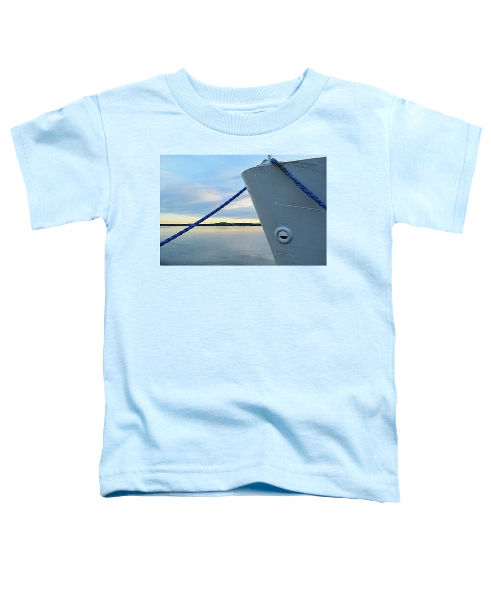 Bay Toddler T-Shirt featuring the photograph Blue rope and ship's bow in an icy harbor by Intensivelight