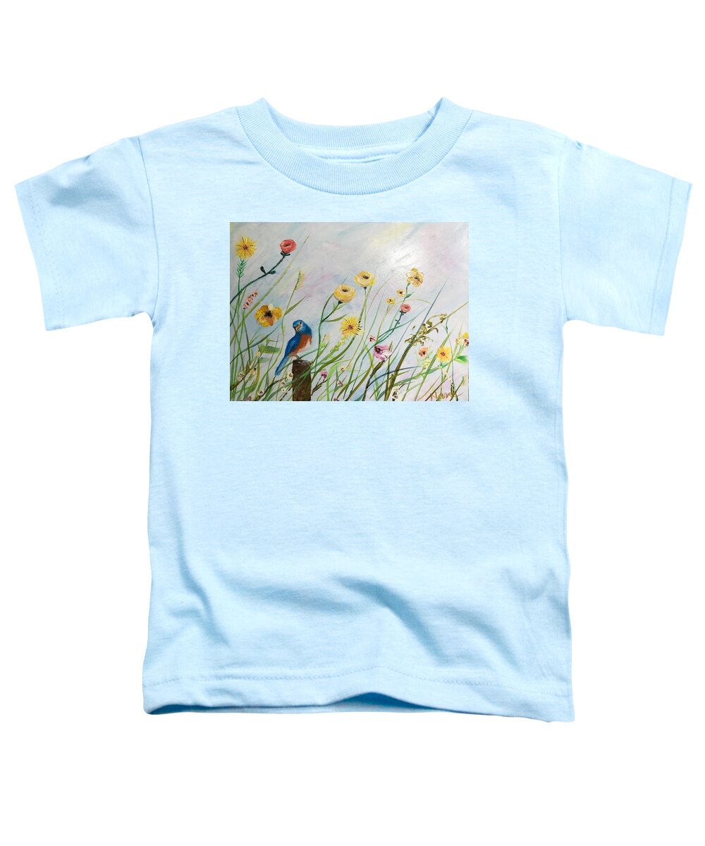 Bird Toddler T-Shirt featuring the painting Bluebird in the Wild Flowers by Deborah Naves