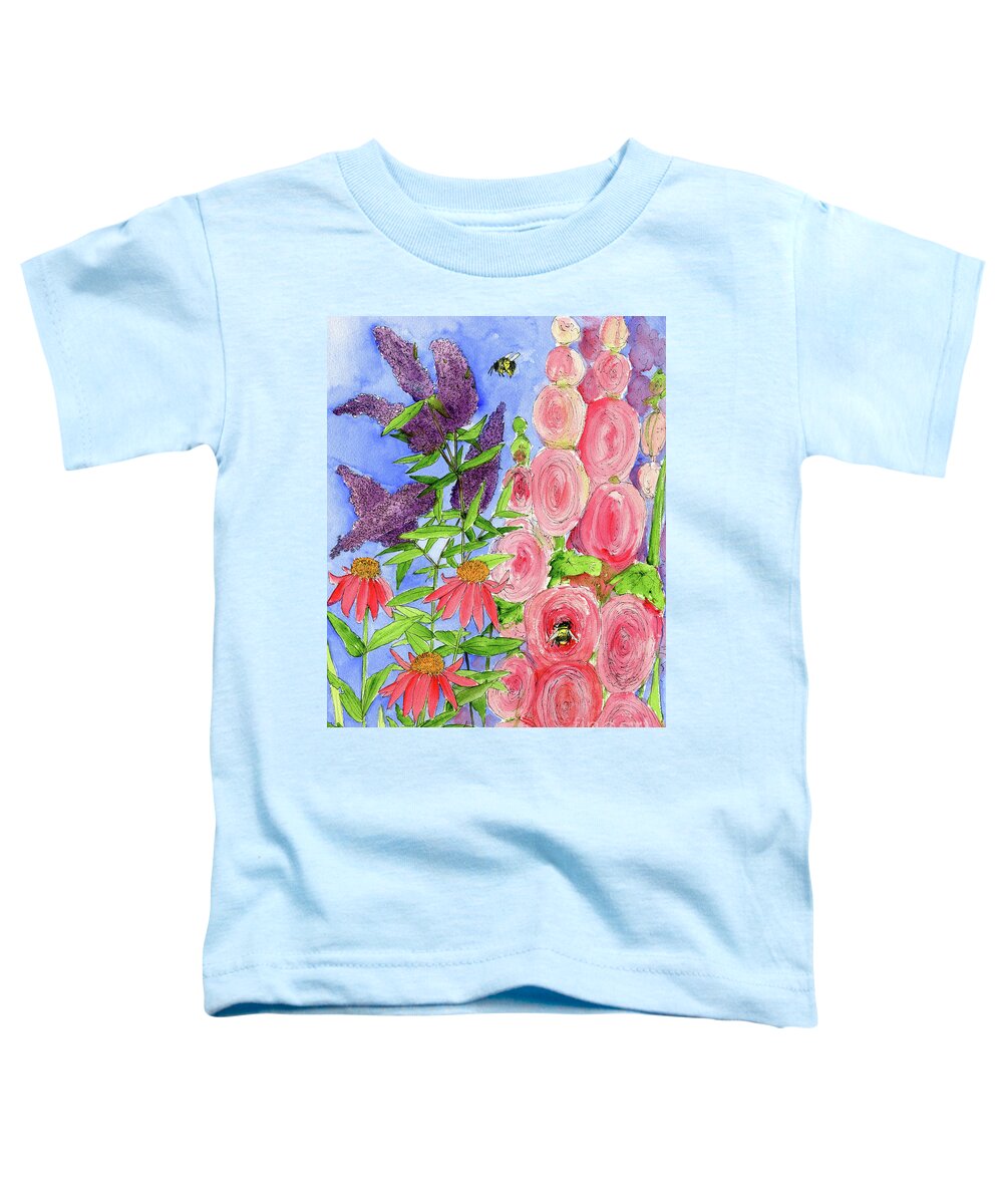 Watercolor Toddler T-Shirt featuring the painting Cottage Garden Hollyhock Bees Blue Skie by Laurie Rohner