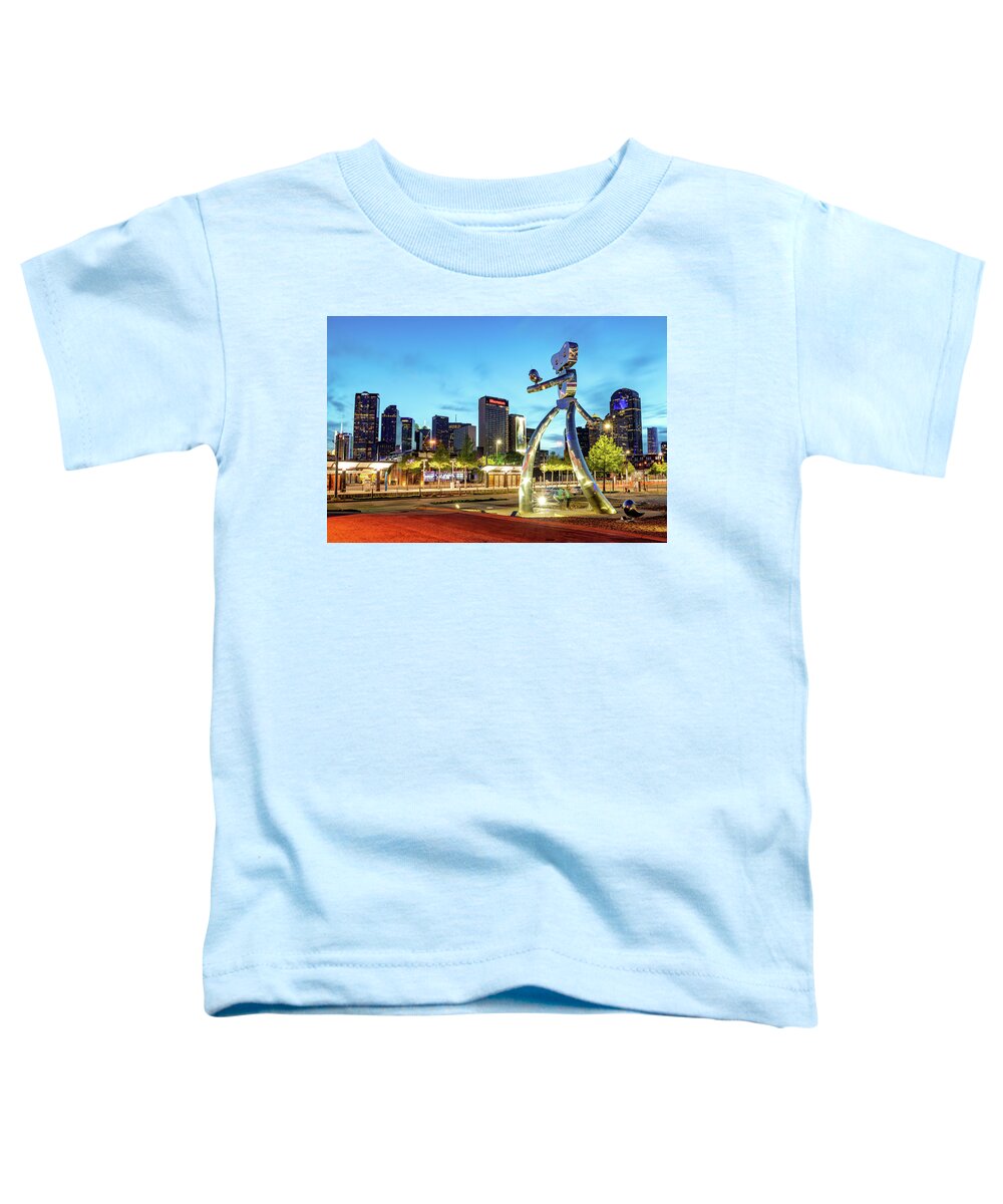 America Toddler T-Shirt featuring the photograph Dallas Skyline and Walking Tall Traveling Man at Dusk by Gregory Ballos