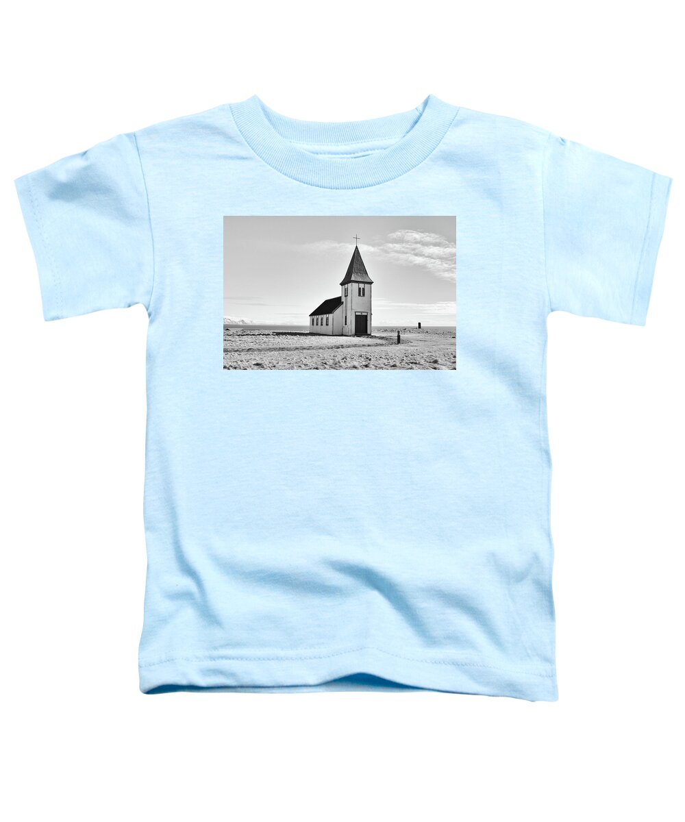 Travelpixpro Toddler T-Shirt featuring the photograph Distressed Old Church Coastal Iceland Black and White by Shawn O'Brien