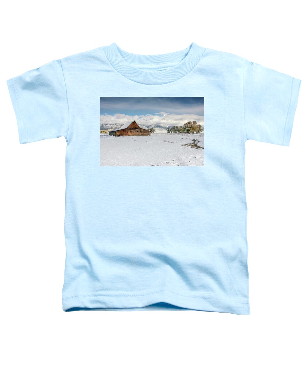 Snow Toddler T-Shirt featuring the photograph Early Snow on Mormon Row by Ronnie And Frances Howard