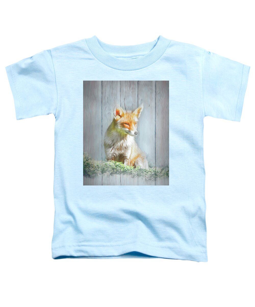Animals Toddler T-Shirt featuring the photograph Little Red Fox with Wood Texture Painting by Debra and Dave Vanderlaan