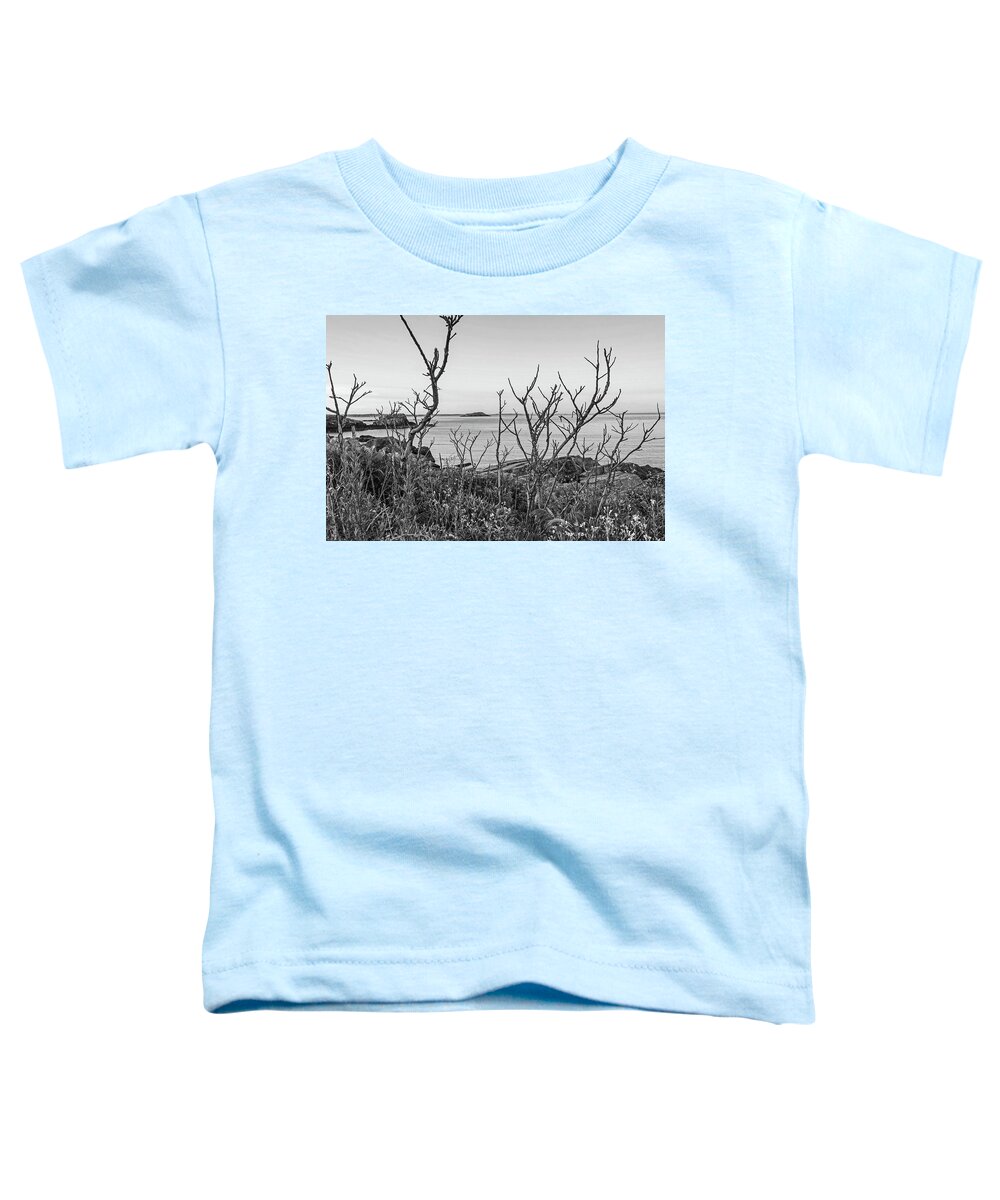 Nahant Toddler T-Shirt featuring the photograph Nahant MA Egg Rock through the Trees Black and White by Toby McGuire