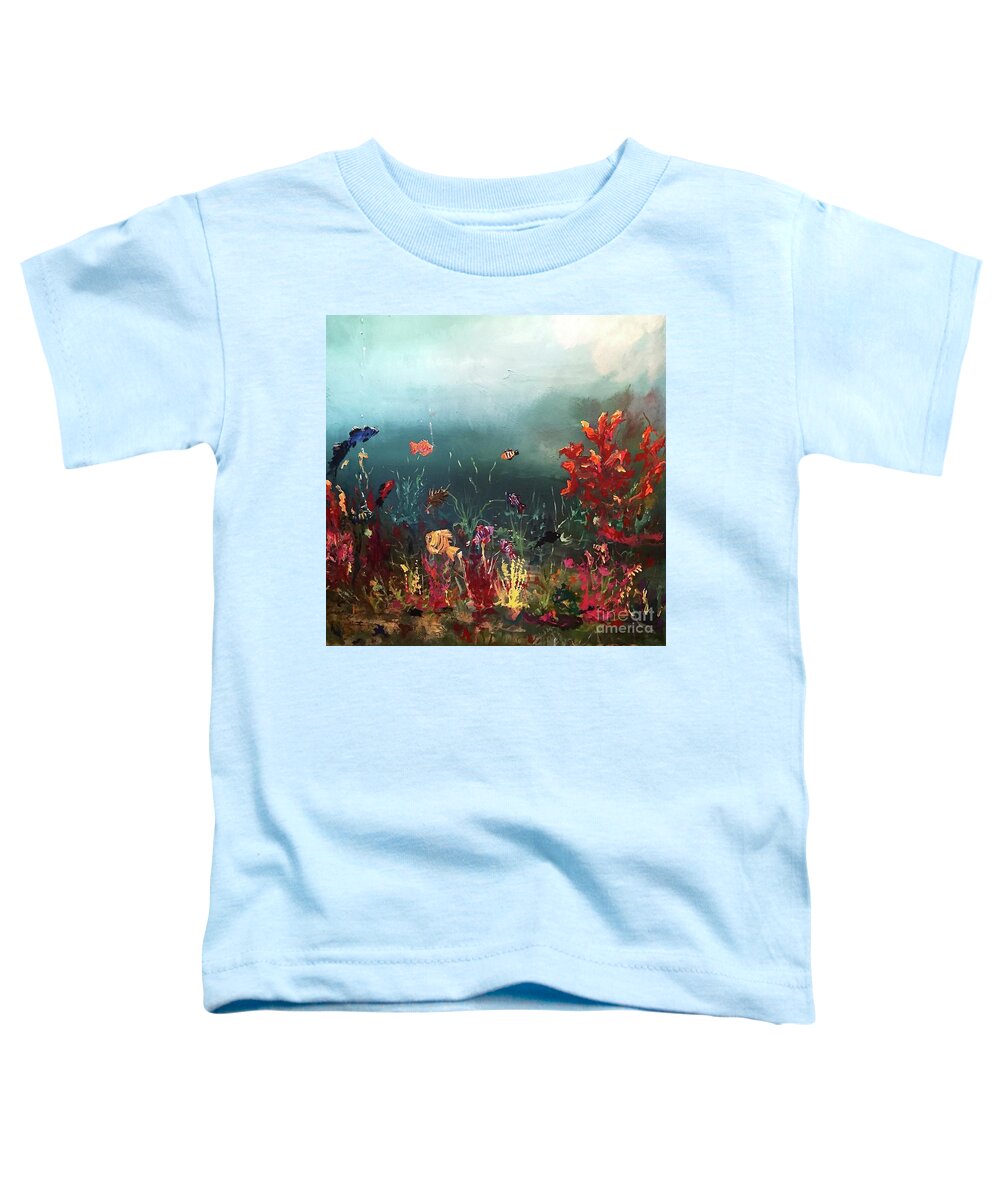 Ocean Beauty Life Under The Sea Fish Salt Water Weeds Colors Blue Fish Tank Wave Red Deep Painting Acrylic On Canvas Print Seascape Happy Toddler T-Shirt featuring the painting Ocean Beauty by Miroslaw Chelchowski