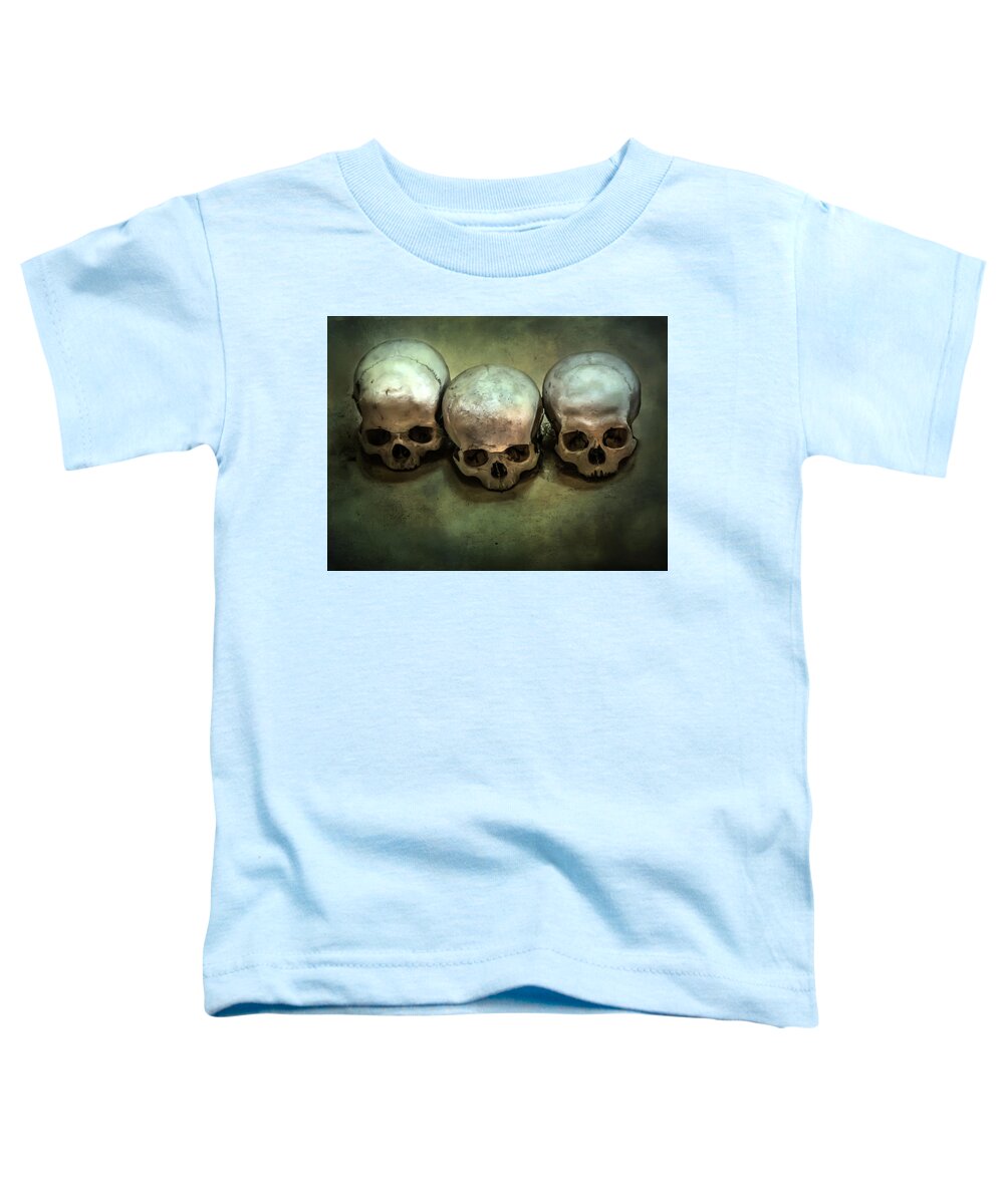 Bone Toddler T-Shirt featuring the photograph Three human skulls by Jaroslaw Blaminsky