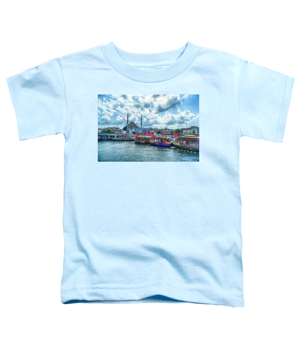Galata Toddler T-Shirt featuring the photograph Tour boats on Galata bridge by Steve Estvanik