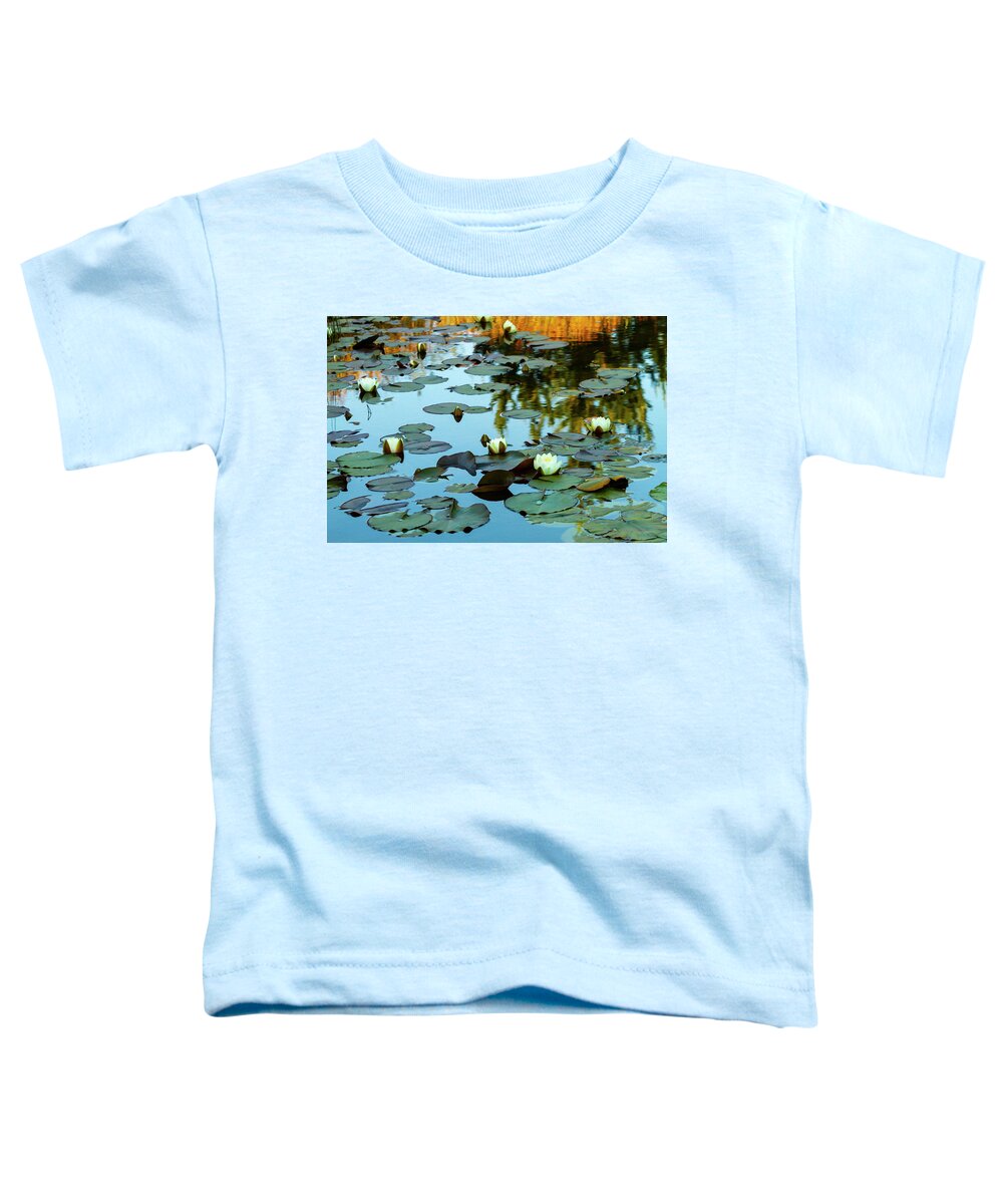 Lily Pond Toddler T-Shirt featuring the photograph White Water Lilies on Pond by Bonnie Follett