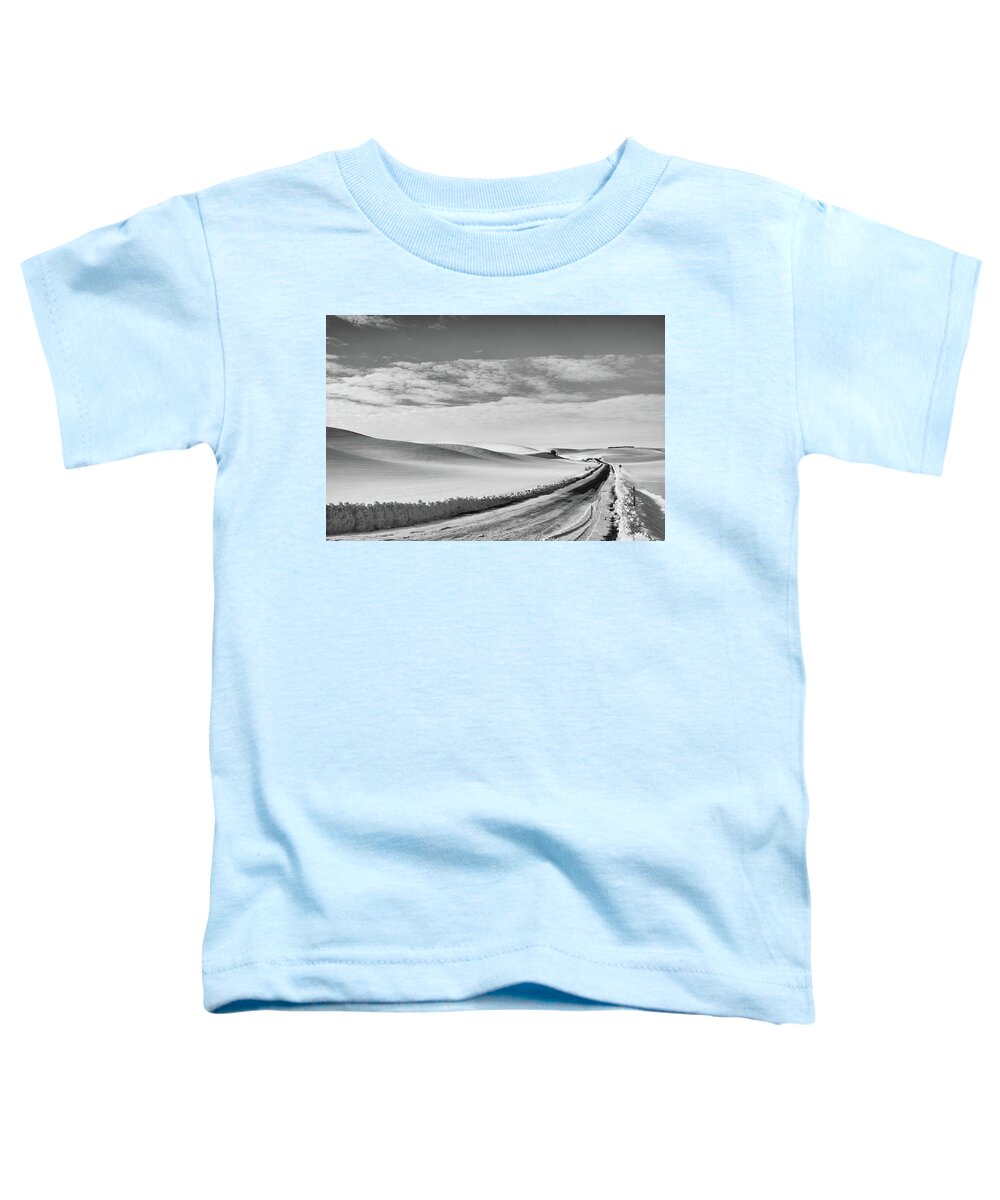 Winter Toddler T-Shirt featuring the photograph Winter Country Road Black and White by Tatiana Travelways