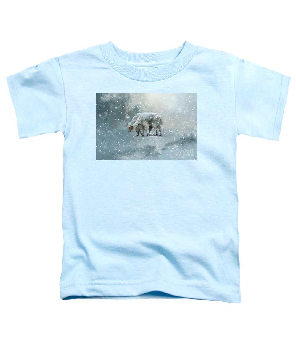 Yaks Toddler T-Shirt featuring the mixed media Yaks Calves in a Snowstorm by Eva Lechner