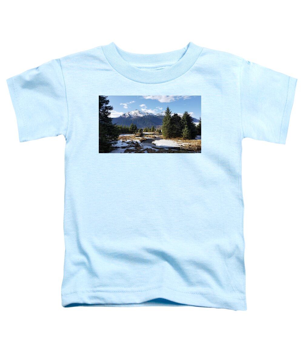 #alaska #ak #juneau #cruise #tours #vacation #peaceful #sealaska #southeastalaska #calm #mendenhallglacier #glacier #capitalcity #dredgelakes #forrest #stream #hike #hiking #snow #cold #clouds #spring #mtmcginnis #sprucewoodstudios Toddler T-Shirt featuring the photograph Spring at Mt. McGinnis by Charles Vice