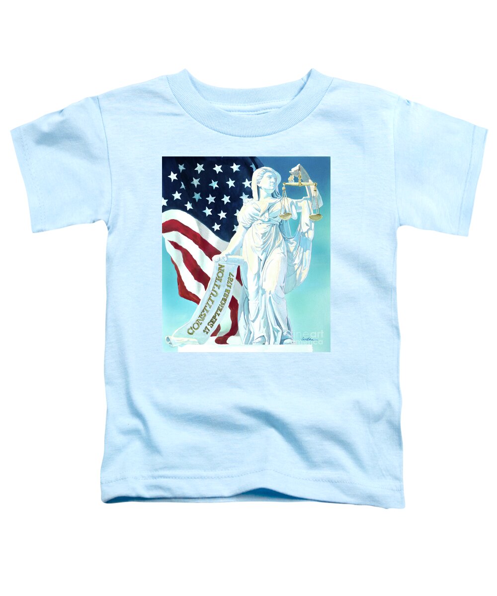Tom Lydon Toddler T-Shirt featuring the painting America - Genius of America - Justice Holding Scale And Scrolls by Tom Lydon