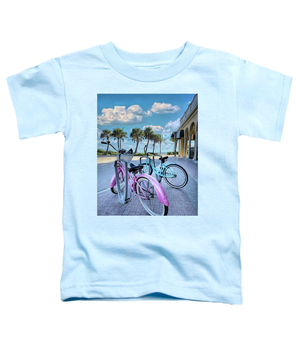 Coastal Toddler T-Shirt featuring the photograph Bicycles at the Beach Casino by Debra and Dave Vanderlaan