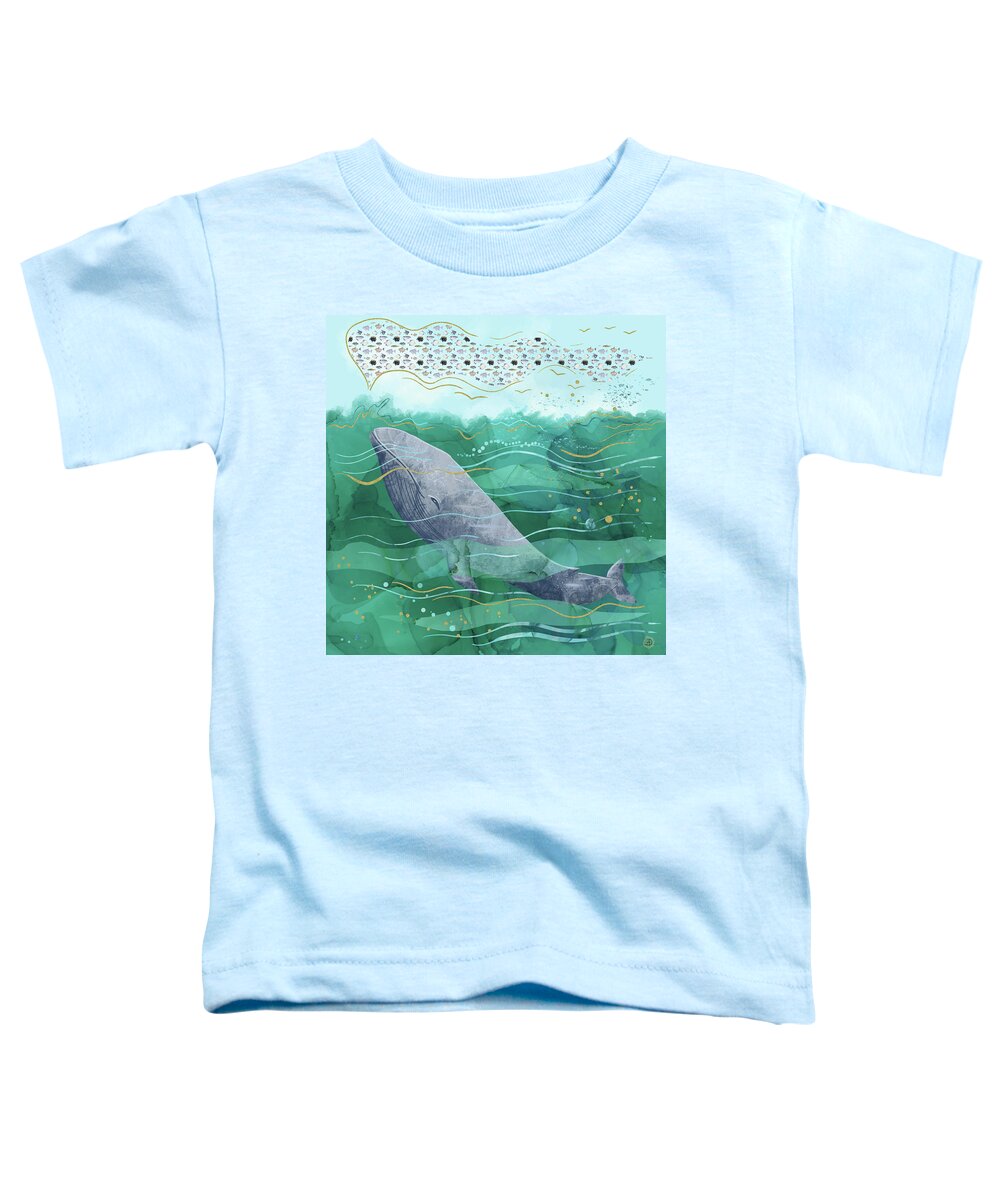 Blue Whale Toddler T-Shirt featuring the digital art Blue Whale Song in the Emerald Ocean by Andreea Dumez