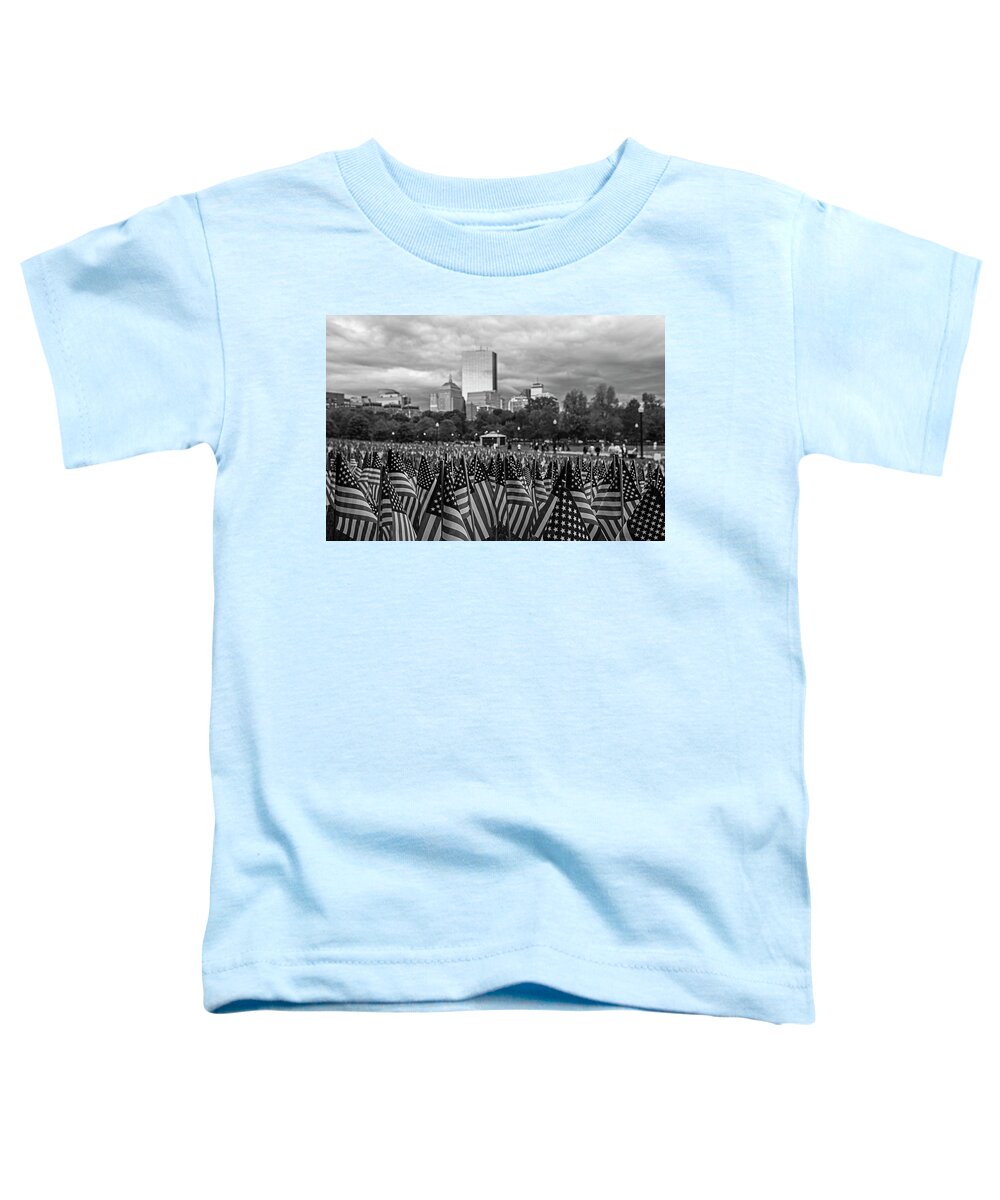Boston Toddler T-Shirt featuring the photograph Boston Common Memorial Day Flags Dramatic Sky Boston Massachusetts Black and White by Toby McGuire